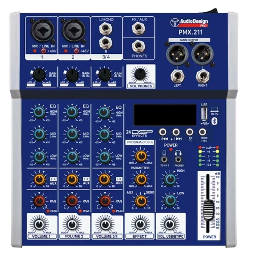 AUDIO DESIGN Mixer 2+1+1 Canali - USB/BT 24 effetti con DSP - Alimentazione USB